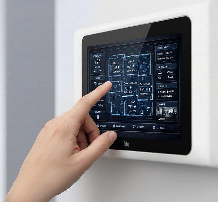 Close-up of a hand interacting with a touchscreen display used for building automation and facility management.